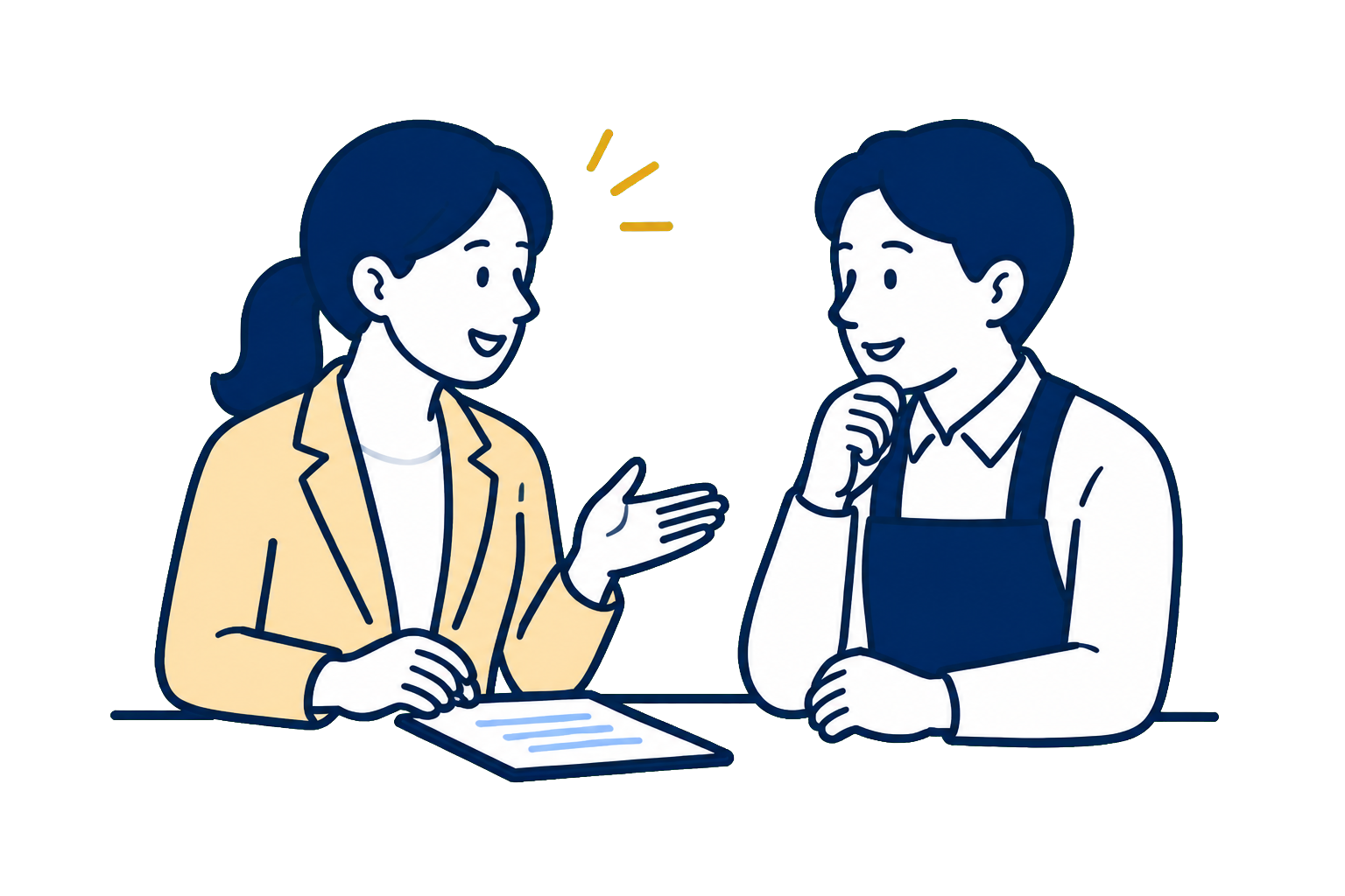 スタッフがお店や企業からの相談を丁寧に伺うイラスト